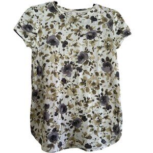 Anthropologie White w/Gray & Green Floral T-Shirt Short Sleeve Casual Top-M